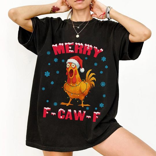 Discover Funny Chicken Christmas T-Shirt: Merry F-Caw-F, Gothic Xmas Gift