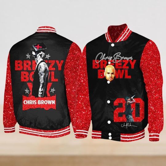 Chris Brown Faux Glitter Baseball Jacket, Breezy Bowl XX 2025 Jacket, Not Bling
