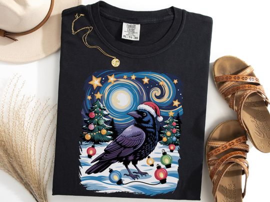 Discover Crow Christmas Shirt, Santa Hat Bird Tee, Xmas Van Gogh Style Starry Night