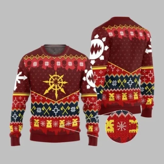 Discover 2025 Christmas Warhammer Slay Bells Ring Khorne Chaos Iconic Ugly Xmas Sweater