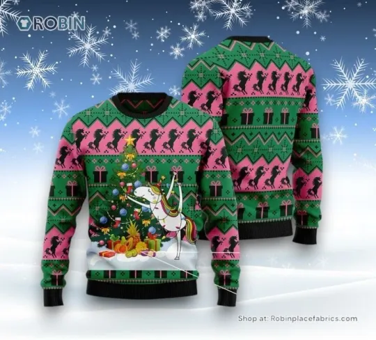 BG Christmas Tree Ugly Sweater, Christmas Tree Unicorn Ugly Christmas Sweater