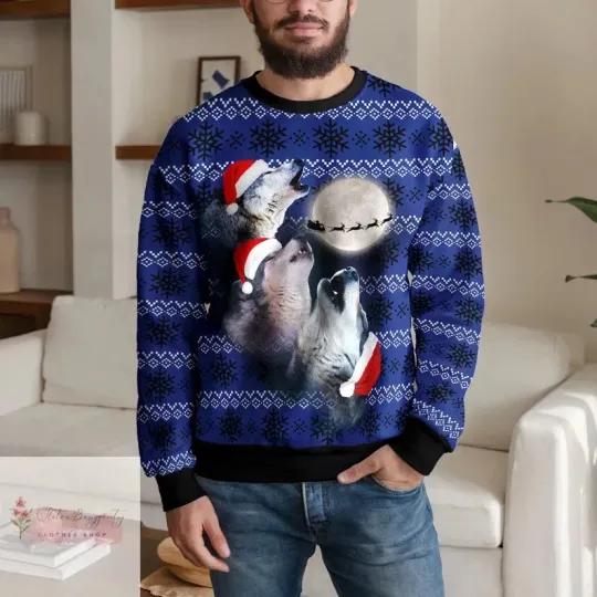 BG Wolf Under The Moon Christmas Ugly Sweater For Men &amp