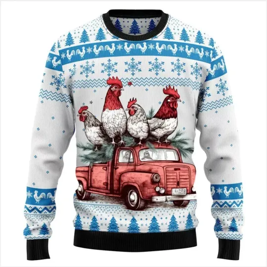 BG Chicken On Red Truck Ugly Christmas Premium 3D SWEATER, Xmas Sweatshirt