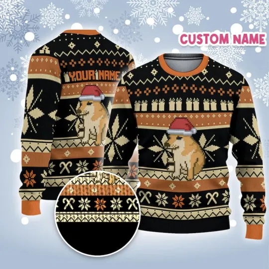 BG Personalize Christmas Ugly Dog Icon Pixel Orange, Meme Dog Chrismas Sweater