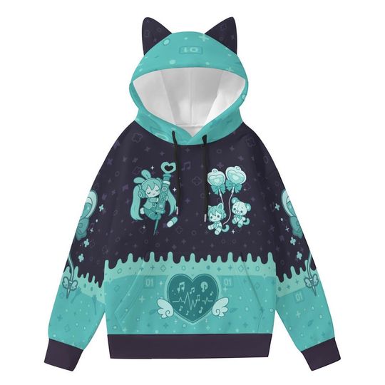 Discover Miku Cat Ear Hoodie  01 Cute Vocaloid Cosplay Hoodie  Kawaii Anime Streetwear  Pastel Blue Unisex Gift for Hatsune Fans | Handmade