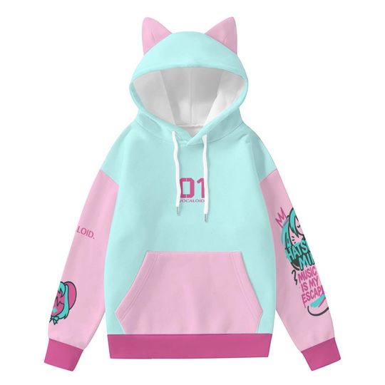 Miku Cat Ear Hoodie  Cute Vocaloid Cosplay Hoodie  Kawaii Anime Streetwear  Pastel Blue Unisex Gift for Hatsune Fans | Handmade