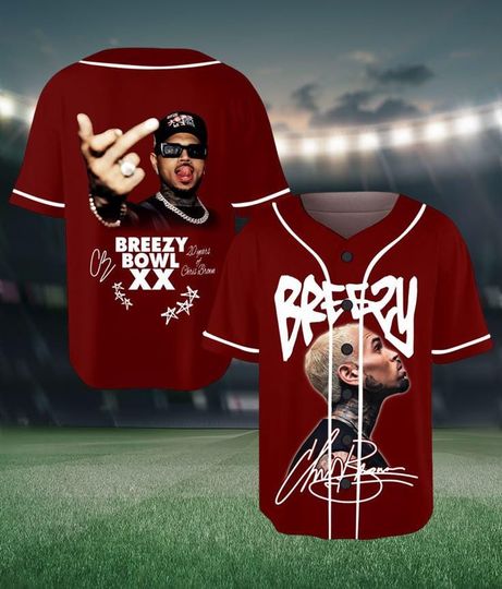 Discover Custom Chris Brown Breezy Bowl XX Jersey, Red Baseball Shirt, Personalized Rapper Fan Gift, Hip Hop Music Jersey