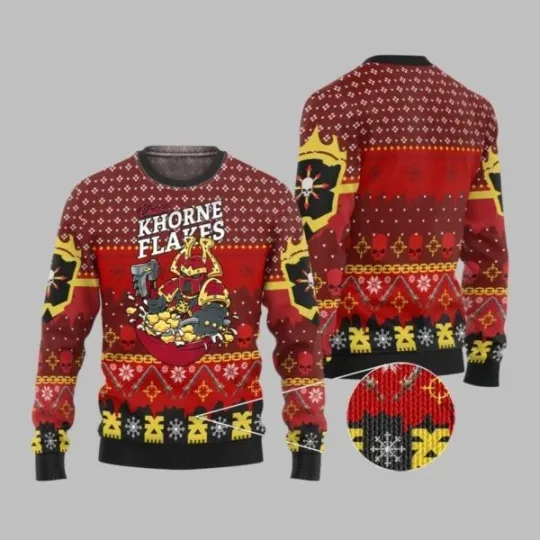 Discover 2025 Christmas Warhammer Chaos Khorne Flakes Iconic Ugly Christmas Sweater