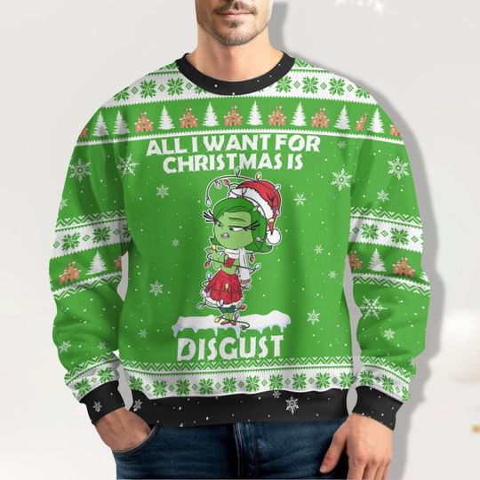 Discover Christmas Disgust Inside Out 2 Ugly Sweater, Disney Emotions Christmas Shirt, Disneyland Shirt, Core Memory Day, Ugly Cartoon Sweater