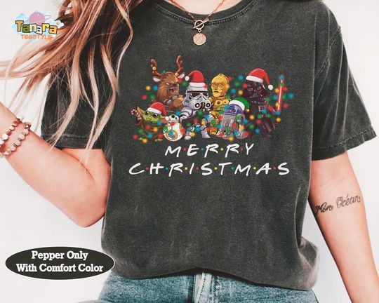 Retro 90s Star Wars Christmas Lights Chibi Squad Tee, Funny Xmas Shirt, Galaxy's Edge Trip Gift, Perfect for Holiday Party, Family
