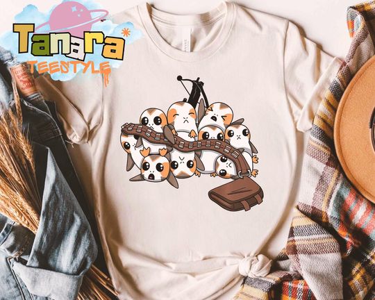 Retro 90s Star Wars Porgs and Chewbacca Tee, Galaxy's Edge Disneyland Gift, Family Vacation Holiday Shirt