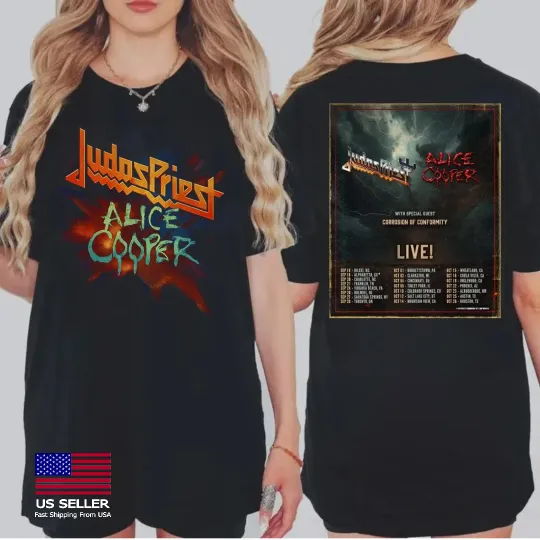 Discover Judas Priest And Alice Cooper North American Tour Date 2025 Double-Sided T-Shirt
