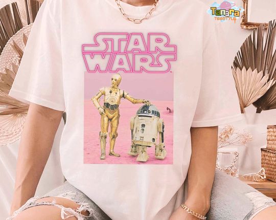 Discover Star Wars Droids R2-D2 C-3PO Tee, Crop Top, Funny Pink Neon Portrait, Galaxy's Edge Collection, Perfect Gift for Fans, Retro 90s Style