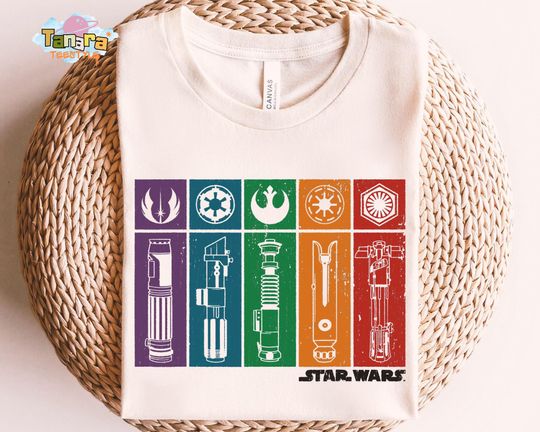 Retro 90s Star Wars Lightsaber Rainbow Panels T-Shirt, Galaxy's Edge Trip Gift, Perfect for Family Birthday