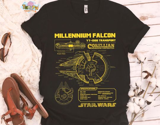 Discover Star Wars Gold Millennium Falcon Schematics T-Shirt, Crop Top, Galaxy's Edge Collection, Perfect for Star Wars Fans, Classic Ship, Birthday