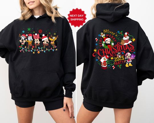 Discover 2-Sided Mickey's Very Merry Christmas Party 2025 Sweatshirt, Disney Santa Mickey And Friends Group Christmas Lights Hoodie, Disneyland Xmas