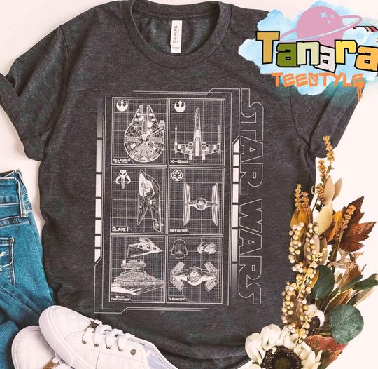 Discover Retro 90s Star Wars Battle Ships Schematic Tee, Vintage Design, Galaxy's Edge Collection, Perfect for Hollywood Studios Family Vacation Gift