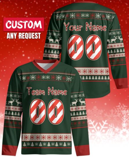 Discover Custom Christmas Hockey Jersey for Unisex Adult Youth, Personalized Name Number Hockey Jersey Xmas Gift Sport Team Uniform Family Xmas shirt