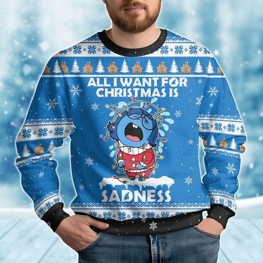 Discover Disney Sadness Ugly Christmas Sweater, Inside Out 2 Holiday Sweater, Disney Feelings Xmas Sweater, Holiday Trip, Gift For Women Men Kid