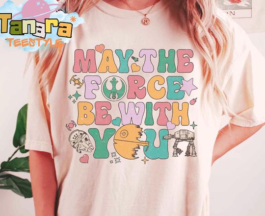 Discover Retro 90s May The Force Be With You T-Shirt, Star Wars Day Shirt, Vintage Galaxy's Edge, Perfect for Disney Fans, Family