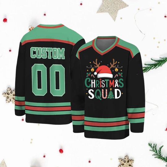 Discover Personalized Merry Christmas Black Hockey Jersey, Personalized Daddy Mommy Christmas Squad V-neck, Family Christmas 2025 Basketball Jersey
