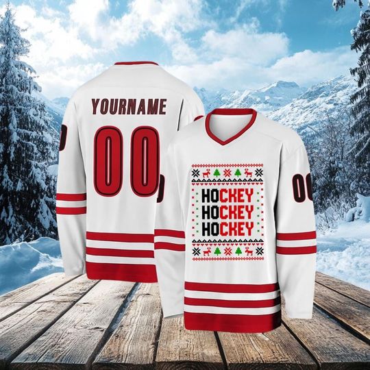Personalized Merry Christmas Ice Hockey Jersey,Hockey Player Gift, Hockey Lover Shirt,Xmas Sports V-neck,Hockey Ugly Christmas 2025 Jersey