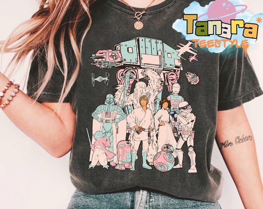Star Wars Characters Group Shot T-Shirt, Vader Leia Luke Droids Retro 80s Shirt, Galaxy's Edge Collection, Perfect for Fans