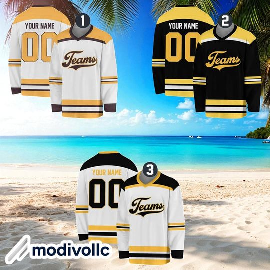 Custom Hockey Jersey  Personalized Team Shirt with Name & Number  Black Gold White