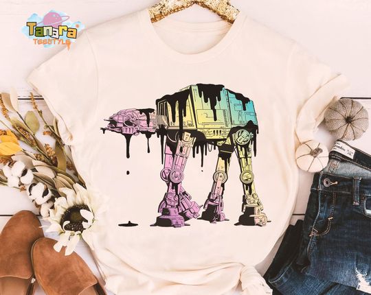 Retro 90s Star Wars AT-AT Walker T-Shirt, Dripping Paint Grime Rainbow, Galaxy's Edge Gift, Perfect for Fans, Vintage Movie