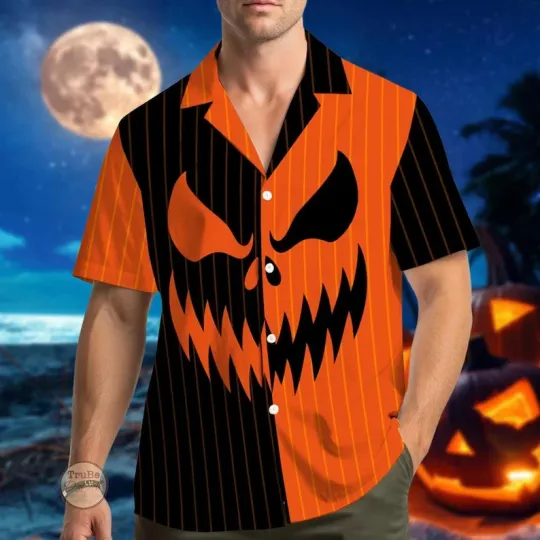 Discover Halloween Hawaiian Shirt with Spooky Pumpkin Face, Orange and Black Stripes