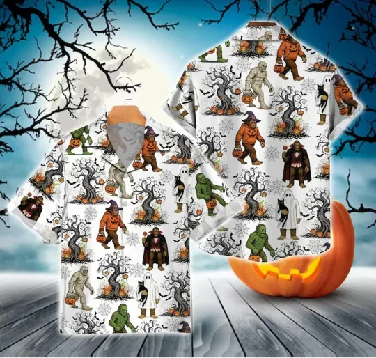 Discover Halloween Hawaiian Shirt Monster Mummy Ghost Vampire Pumpkin Spooky Party Top