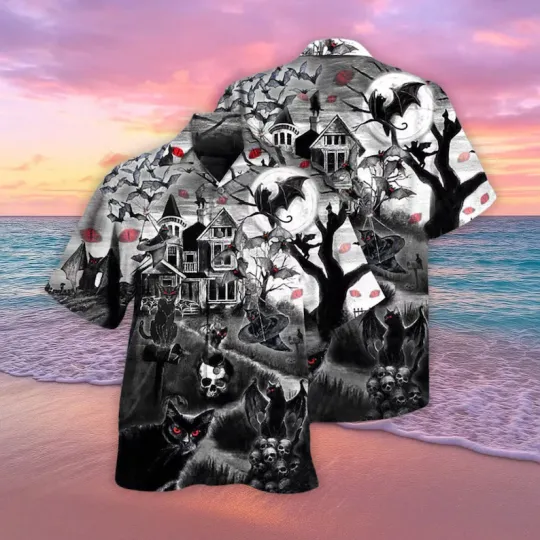Halloween Hawaiian Shirt with Haunted House, Black Cat, Bat, Skull, and Moon Print