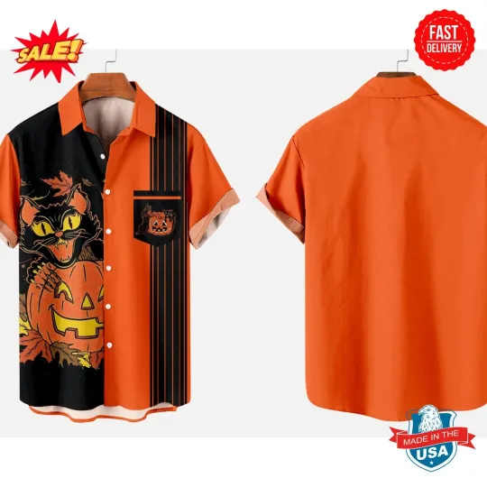 Discover Men’s Orange Black Hawaiian Shirt with Black Cat Print