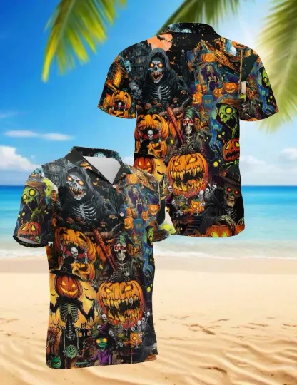 Halloween Hawaiian Shirt Grim Reaper Skeleton Pumpkin Spooky Party Top