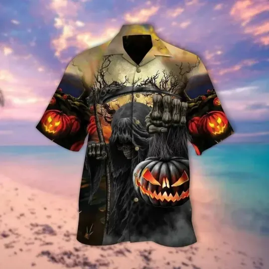 Discover Halloween Hawaiian Shirt with Reaper Skeleton and Pumpkin Design