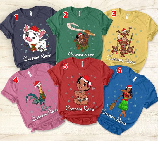 Personalized Moana Characters Group Christmas Light T-shirt, Disney Moana maui pua heihei Xmas Matching Tee, Disneyland Vacation Family Gift