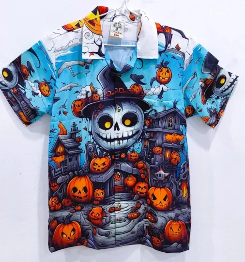 Halloween Hawaiian Shirt Skull Pumpkin Haunted House Spooky Night Party Top