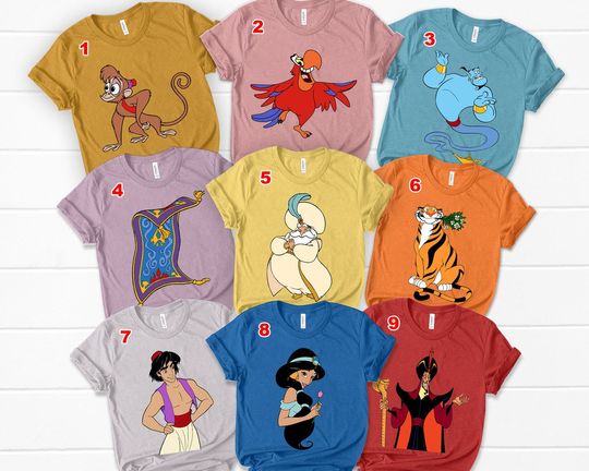 Disney Aladdin Characters Group Custom tshirt, WDW Magic Kingdom Trip Unisex T-shirt Family Birthday Gift Adult Kid Toddler Tee