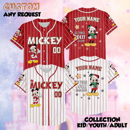Custom Disney Mickey and friends Christmas Baseball Jerseys, Disneyland Kid Youth Adult Christmas Jersey, Mickey And Friends Xmas Jersey