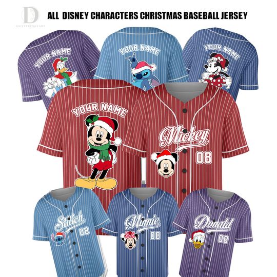 Custom Disney Famous Characters Christmas Baseball Jersey Shirt For Adult, Kids, Youth . Disney All Characters Mickey & Friends Christmas