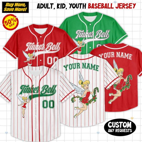 Discover Custom Disney Tinker Bell Christmas Collection Simple Baseball, Personalized Baseball Team Jersey, Birthday Gift for Christmas Fans Family