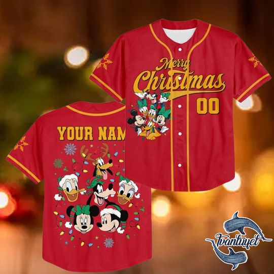 Discover Personalized Disneyland Mickey & Friends Christmas Baseball Jersey | Custom Disney Team Jersey | Family Christmas Gift Shirt