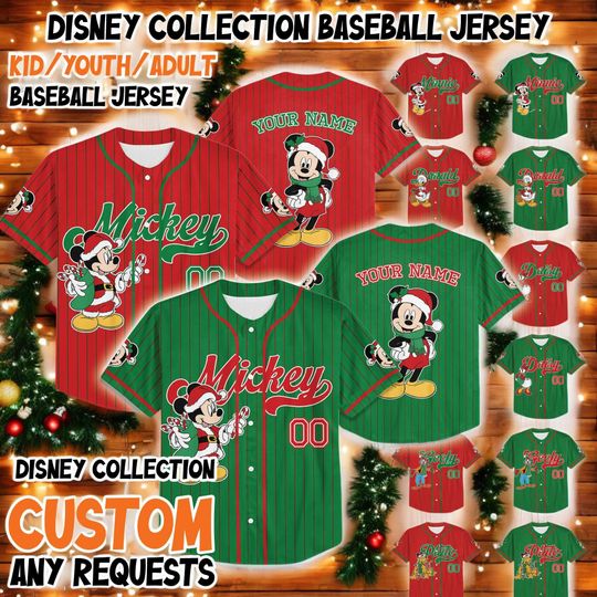 Mickey & Friends Christmas Baseball Jersey  Custom Name Number Holiday Disney Shirt