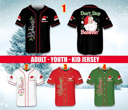 Personalized Santa Christmas Baseball Jersey, Custom Name Christmas Baseball Jersey, Don't Stop Believin Christmas Jersey, Xmas Holiday Gift