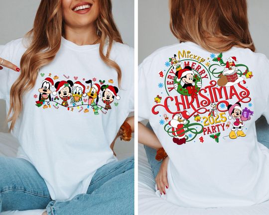 2-Sided Mickey's Very Merry Christmas Party 2025 Shirt, Disney Santa Mickey And Friends Group Christmas Lights Shirt, Disneyland Xmas Tee