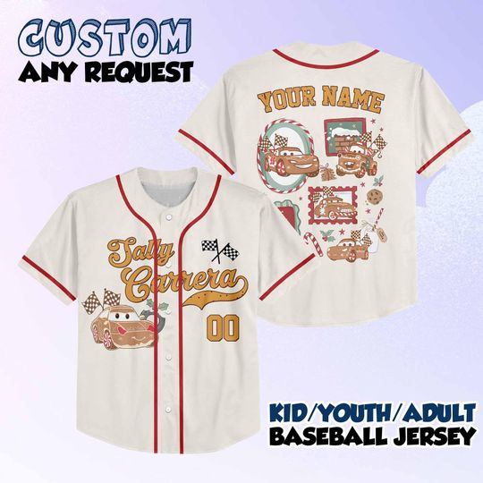 Discover Personalize Disney Lightning McQueen Cars Gingerbread Christmas Jersey, Youth, Adult Disney Baseball Jersey Sports, Gifts For Fans Disney