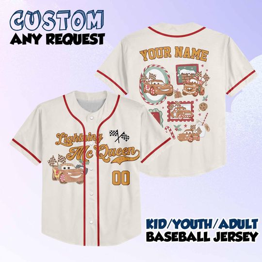 Discover Personalize Disney Lightning McQueen Cars Gingerbread Christmas Jersey, Youth, Adult Disney Baseball Jersey Sports, Gifts For Fans Disney