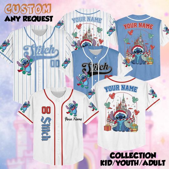 Discover Personalized Stitch Christmas Baseball Jersey, Custom Disney Holiday Shirt, Stitch Festive Outfit, Matching Family Tee