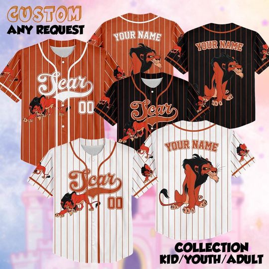 Discover Personalized Disney The Lion King Scar Baseball Jersey, Custom Scar Lion Villains Jersey, Disney Men Gift, Disneyland Halloween Trip Shirt