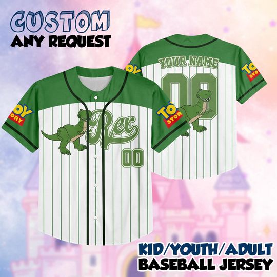 Discover Custom Disney Toy Story Rex Green Shoulder Baseball Jersey, Personalized Name& Number, Kids Outfits, Cute Pixar Birthday, Gift For Fan